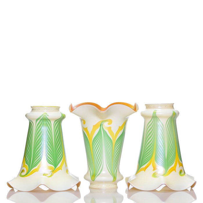 3 Quezal shades, green feathers, 6",all signed (1 of 1)