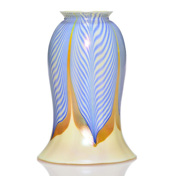 Steuben shade, blue feathers, ivory, 6", stamp logo (1 of 1)