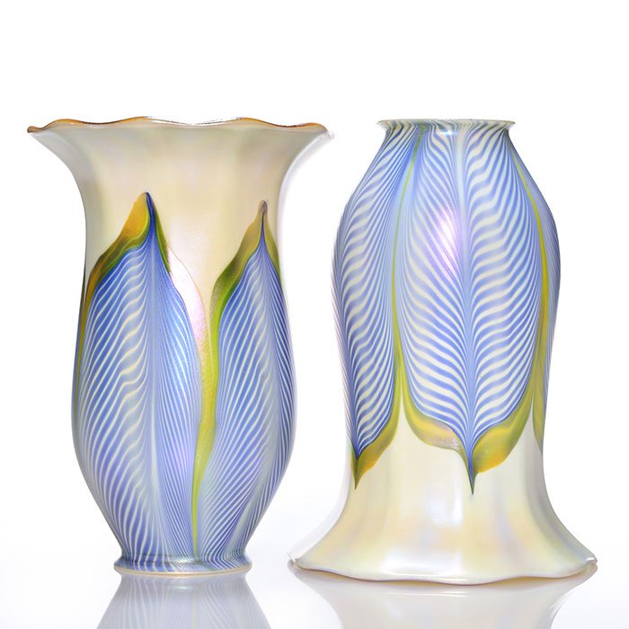 Pr Quezal shades, blue feather, 7", both signed (1 of 1)