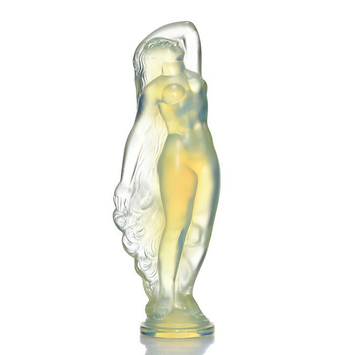 Early Sabino Le Reveil Nude figural, 7", signed,: Early Sabino "Le Reveil" nude figural. Height 7 inches. Mold marked "Sabino Paris" on her leg and within the glass below the base. Foil "Sabino, Made in France" sticker. Due to larger gold content the