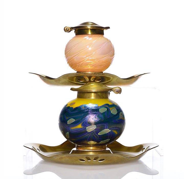 2 inkwells: Kralik/Loetz attrib, brass covers & trays (1 of 7)