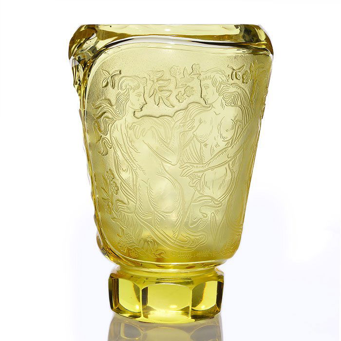 Czech yellow vase, 3 Graces, cut/polished base, 9" (1 of 1)