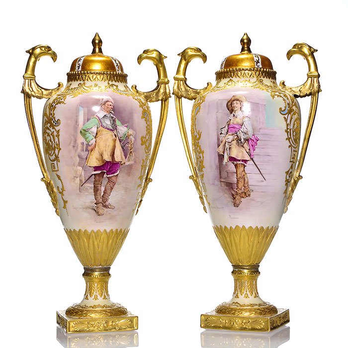 Pr. Sevres-style bolted cov. urns, Cavaliers, 19" (1 of 1)
