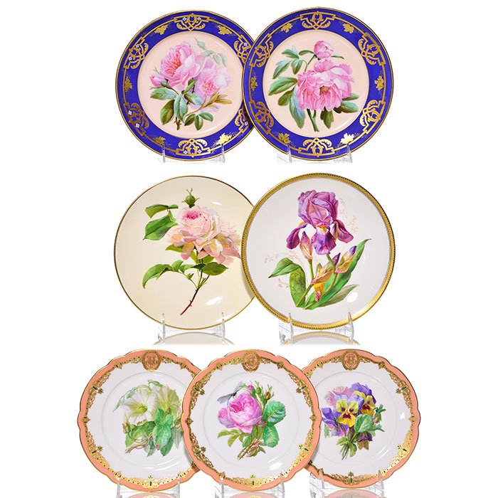 7 French porcelain botanical plates, largest 9 1/2" (1 of 4)