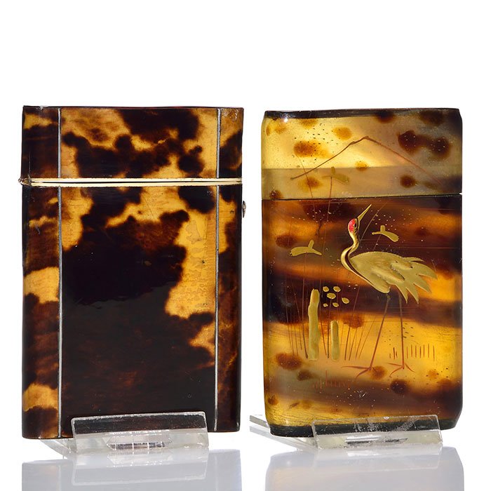 2 Tortoise Shell card cases, silver inlay, enameling: Two Victorian tortoise shell calling card cases, circa 1870's-1880's. 1) 4 inch by 2 5/8 inch, hinged cover, silver & bone inlays. 2) Japanese 3 7/8 inch by 2 1/2 inch, Manchurian crane and bird front