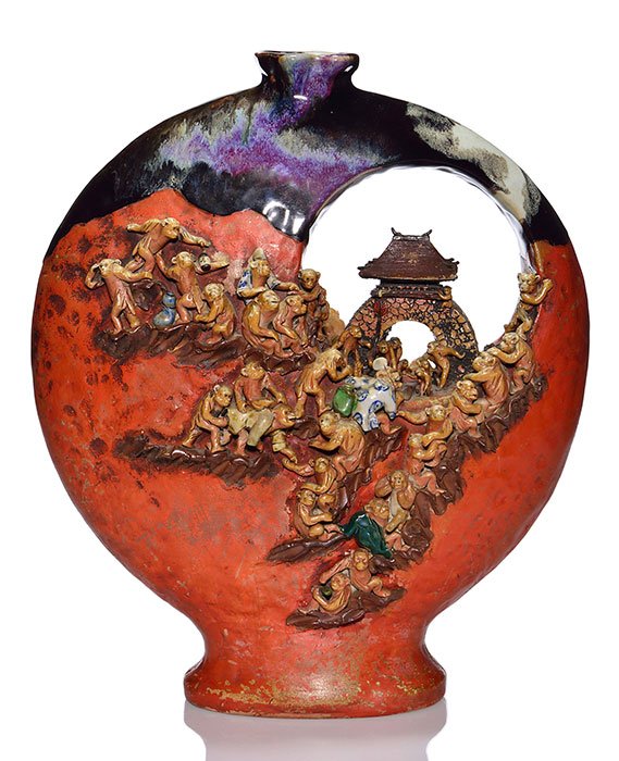 Large Sumida Gawa vase, dozens of monkeys, 17" (1 of 2)