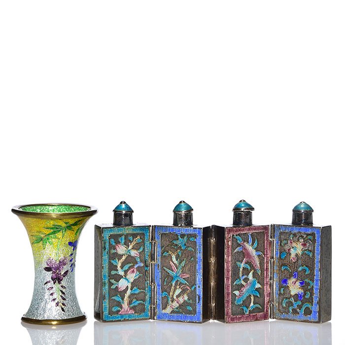 Miniature enamel silver: 4 hinged snuff bottles+vase (1 of 1)
