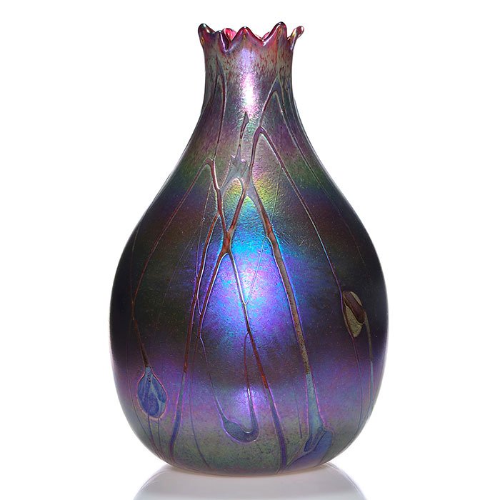 Monumental Harris Loetz-like vase, 20": Monumental vase, merely engraved Harris on the bottom displaying a Loetz-like matte surface encircled with colorful halos and neatly drizzled with reflective metallic patterns about the cranberry body