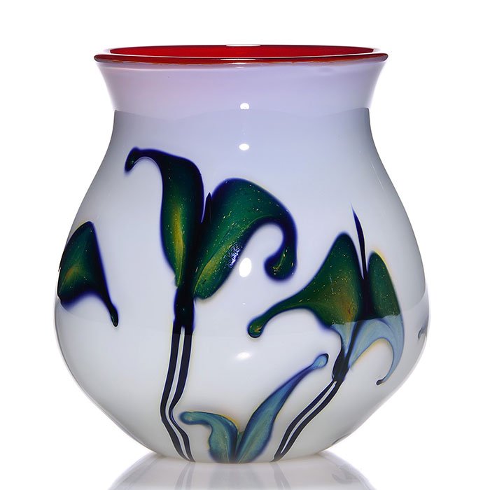 C. Lotton vase, opal, split leaf, red interior, 6, (1 of 1)
