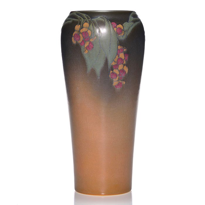 Rookwood Vellum vase, Sax, 1914, 2039C, 11 1/4": Tall Vellum glaze vase decorated with a repeating ring of bittersweet at the shoulder, the work of Sara Sax in 1914. Marks include the Rookwood logo, date, shape 2039 C, an impressed V for Vellum and