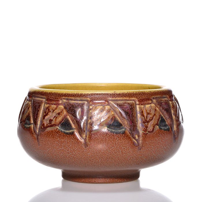 Rookwood Ombroso bowl, Todd, geometric, 3 x 5": Rookwood Ombroso bowl with carved fruit and geometric patterns done by C.S. Todd in 1917. Marks include the company logo, the date, shape number 1842 and Todd's incised initials Height is 3 inches and