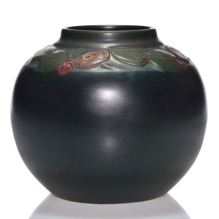 Rookwood carved mat, Todd, 1915, 112, 6 1/2": Good C.S. Todd carved and painted mat glaze vase with flowers and leaves in a band around the shoulder done at Rookwood in 1915. Marks include the company logo, the date, shape number 112 and Todd's i