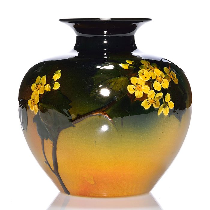 Rookwood Standard glaze vase, Perkins, 1895, 6": Standard glaze vase decorated with yellow wild roses, the work of Mary Louella Perkins in 1895. Marks include the Rookwood logo, which indicates the date, shape 488 E and Ms. Perkins incised monogram.