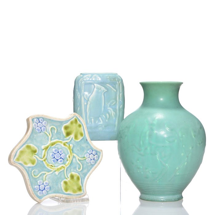 Rookwood 2 vases, trivet, mat, 1934, 6053, 7 1/2": Three Rookwood mat glaze items. 1) Vase, shape 6053, cast in 1934 and covered with a light green mat glaze. Height is 7 1/2 inches. Excellent condition. 2) Vase, shape 6350, cast in 1945 and covered w