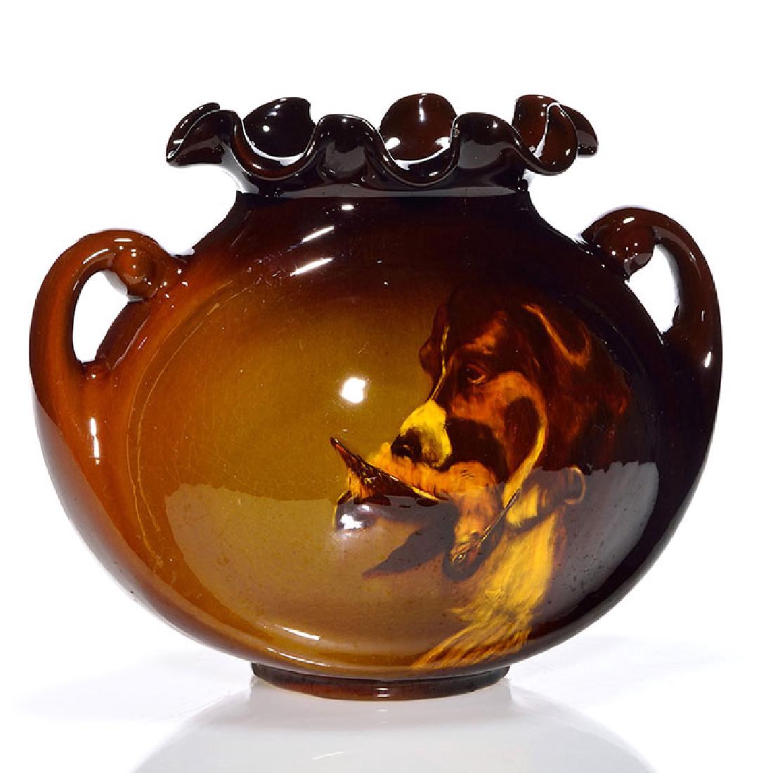 Roseville Rozane handled bean pot vase, dog, 9 1/4" (1 of 2)