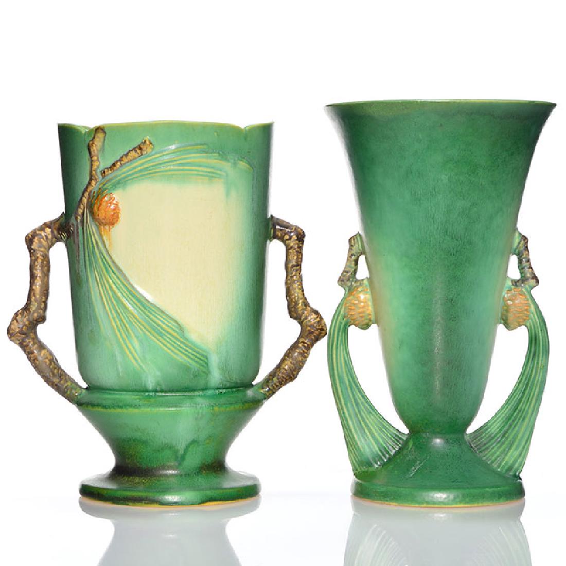 2 Roseville Pine Cone handled vases, green, 747-10, (1 of 2)