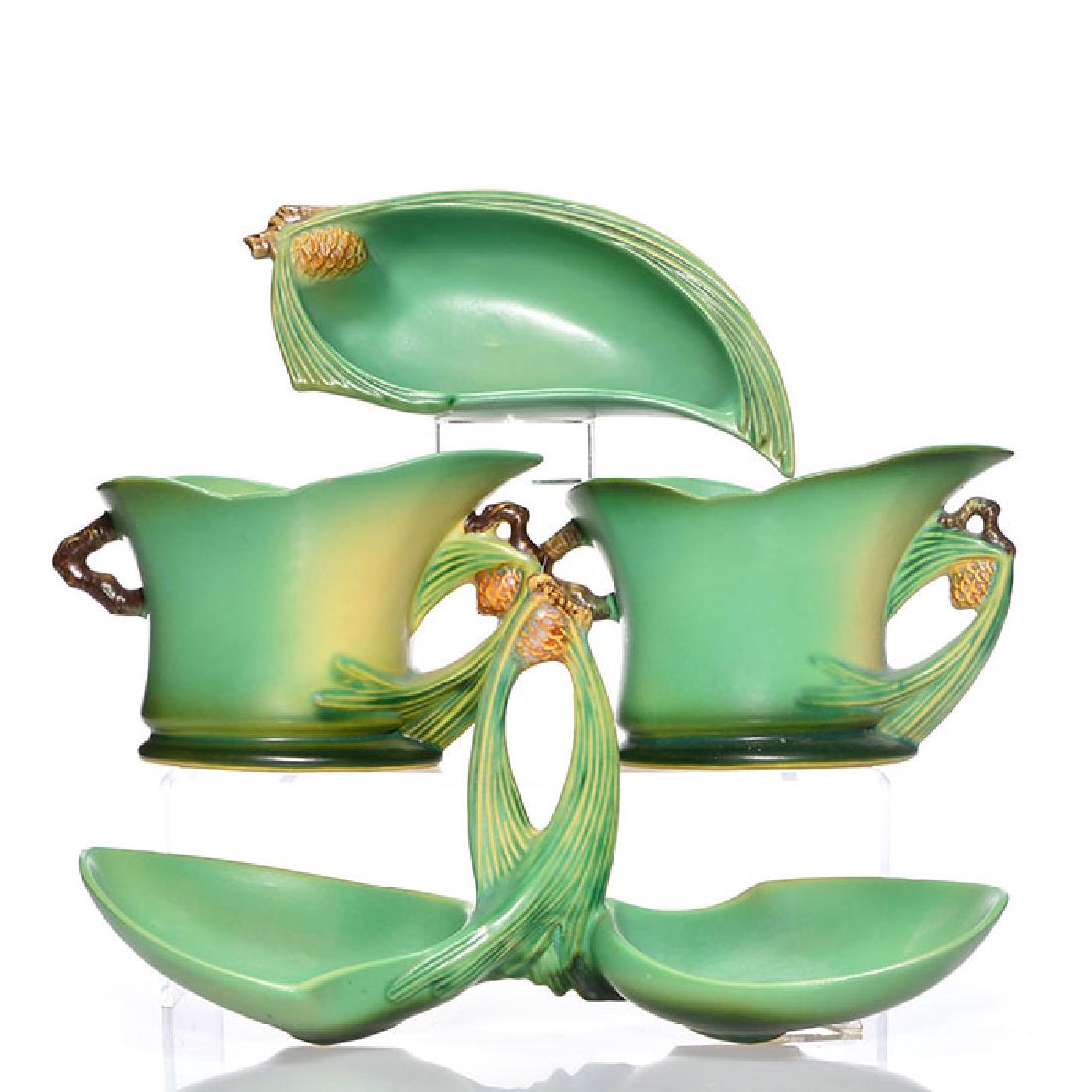 4 Roseville Pine Cone trays/vases, green, 562, 428, (1 of 1)