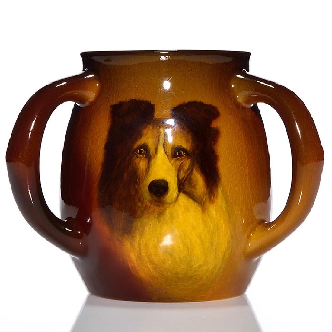 Rookwood Standard tyg, Collie, Hurley, 1901, 6 1/8: Rookwood Standard glaze tyg with the pensive portrait of a collie painted in 1901 by E.T. Hurley. Hurley seems to have been the go-to guy for animal images at Rookwood, specializing in fish, sea horse