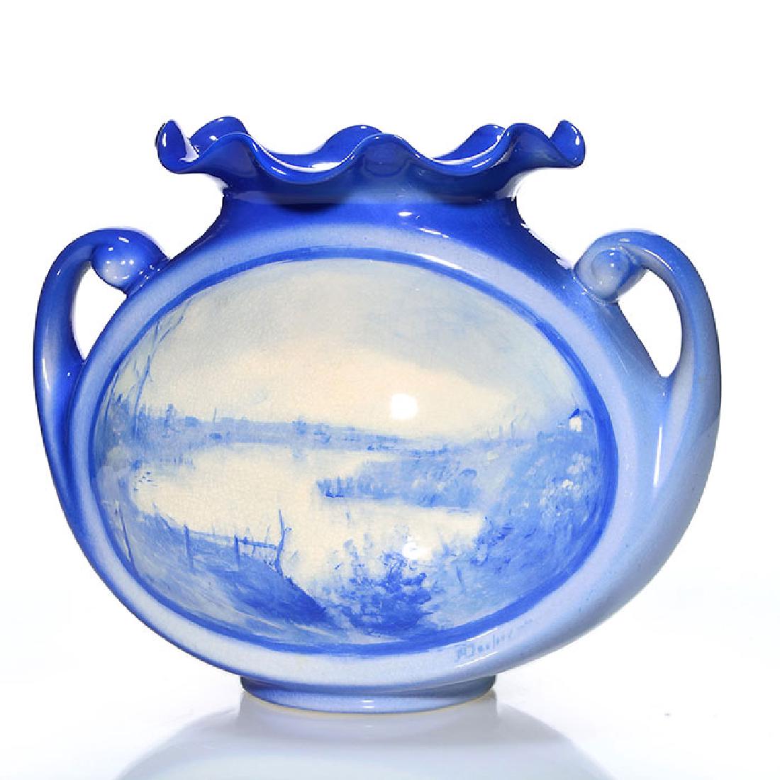 Roseville Azurean Bean Pot ruffle top vase, Dunlavy, 9" (1 of 2)