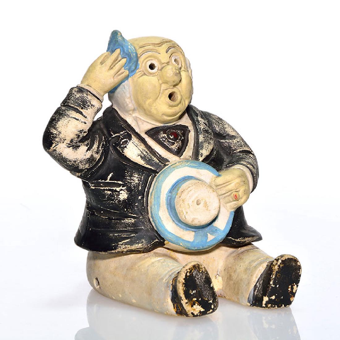 Weller Foxy Grandpa incense burner, 4 1/2 inches: Weller Foxy Grandpa two piece incense burner. Impressed WELLER in block letters on the base. Height is 4 1/2 inches. There are several small areas where the paint has flaked which is common since thes