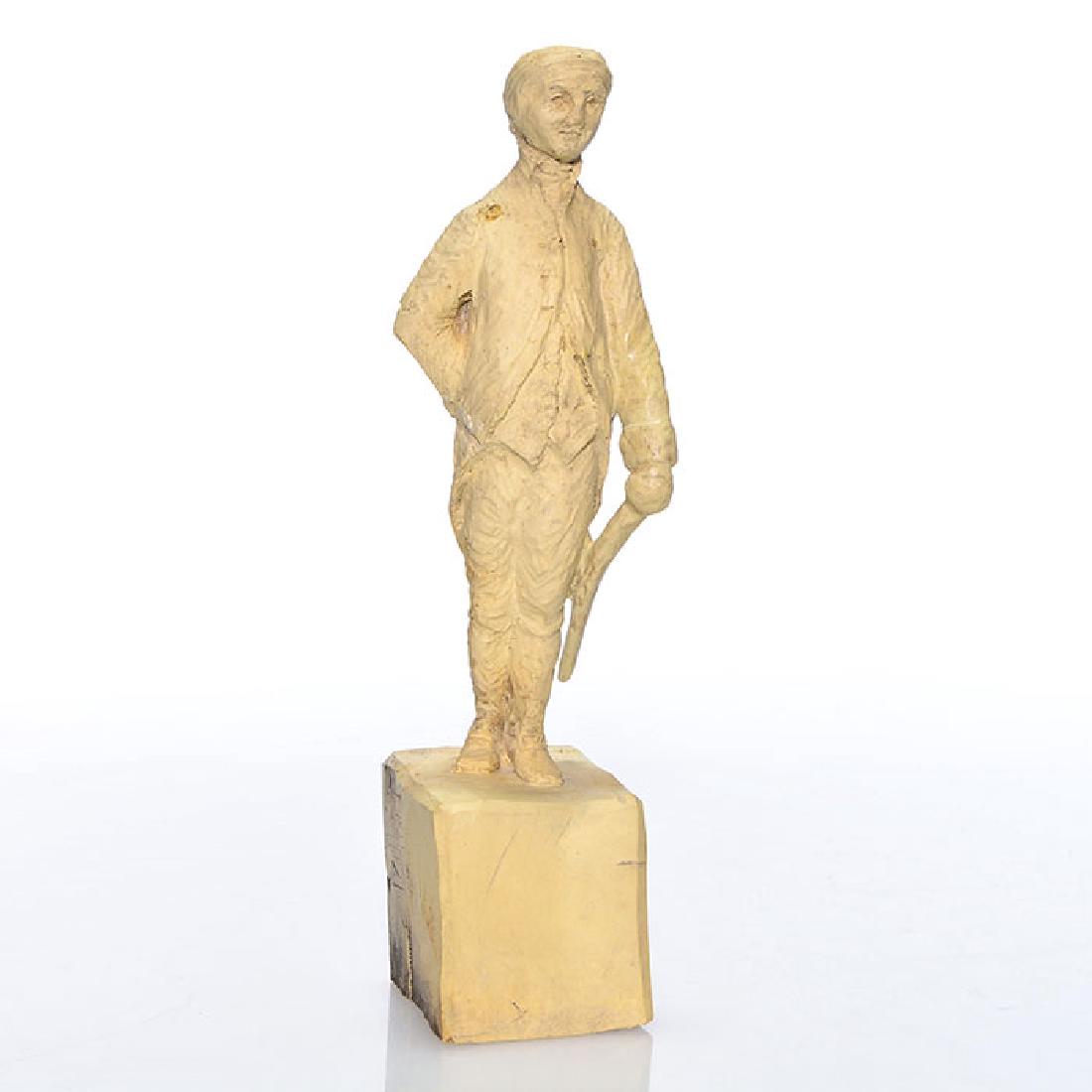 Weller Colonial man, a clay carving by Upjohn, 8 1/2: Unique Weller figural clay model of a Colonial gent toting a walking cane hand carved by Charles Upjohn from a single clay block. Height 8 1/2 inches. Incised on the side of the plinth Cut from Solid