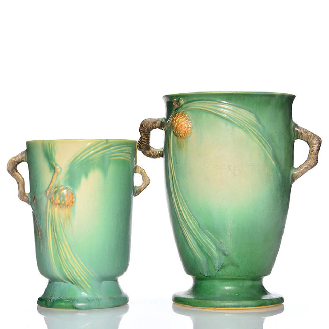 2 Roseville Pine Cone vases, green, 847-9, 704-7 (1 of 2)