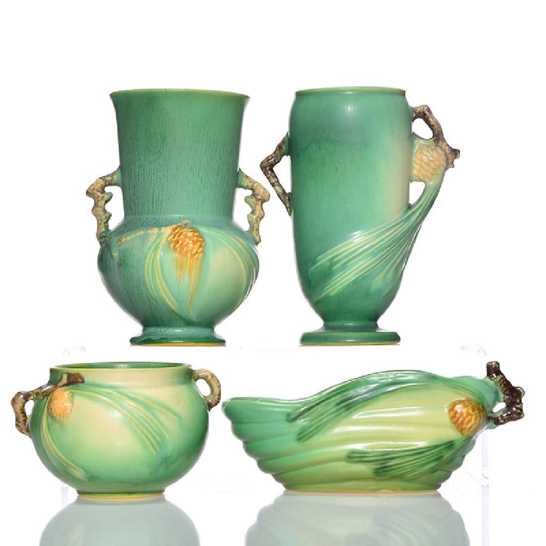 4 Roseville Pine Cone items, green, 2 vases, bowl,jard (1 of 1)