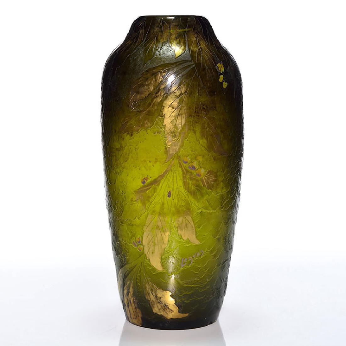 Legras cameo vase, cherry branches, 15 3/4 inches, (1 of 2)