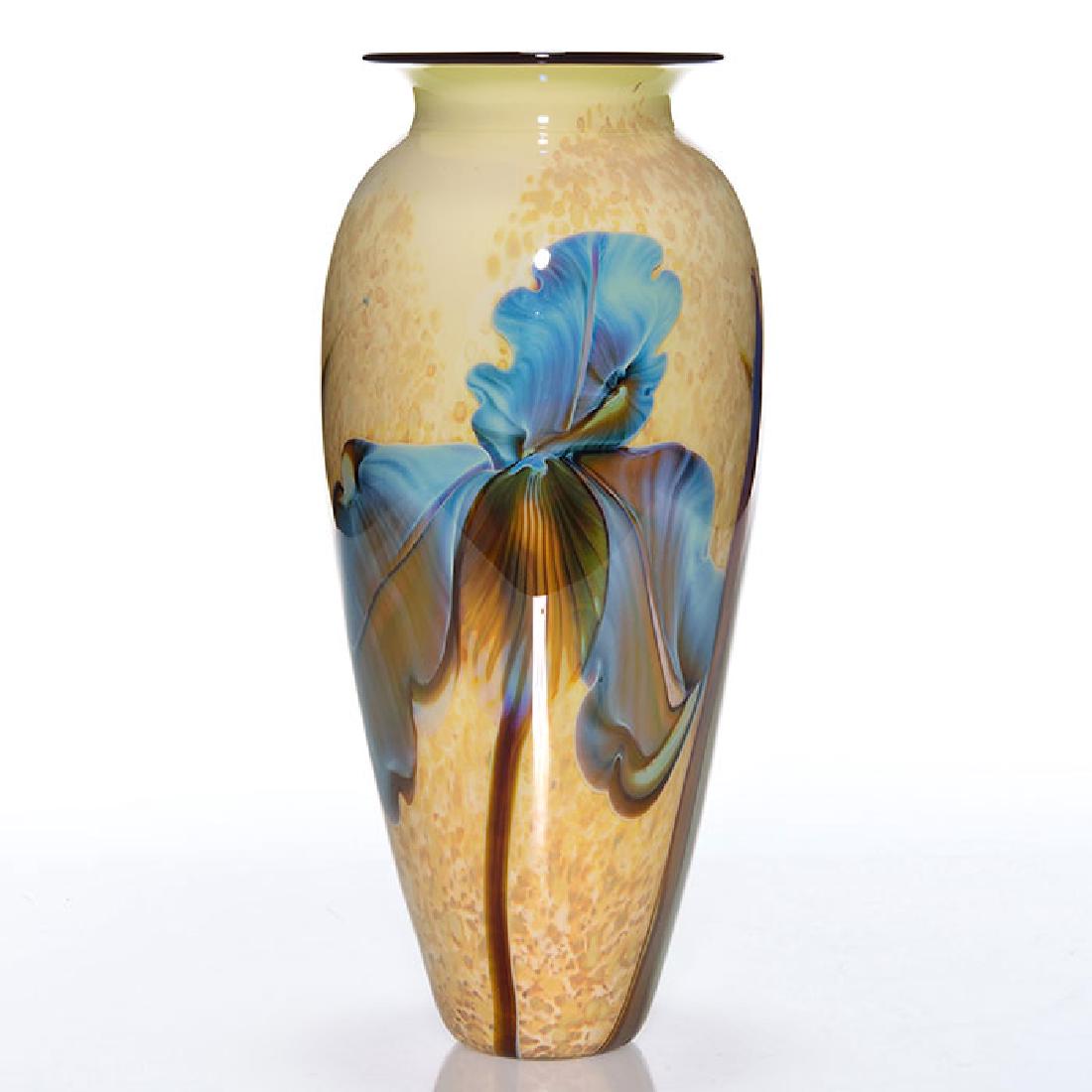 Satava vase, pr blue irises, 1995, 11 1/4 inches, (1 of 2)