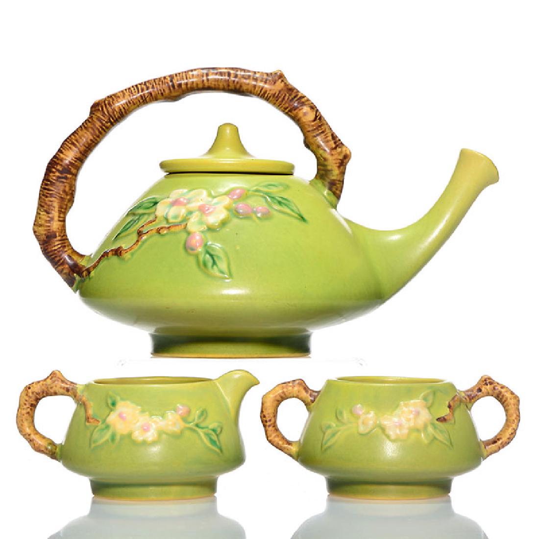 Roseville Apple Blossom covered tea pot, creamer, sugar (1 of 1)