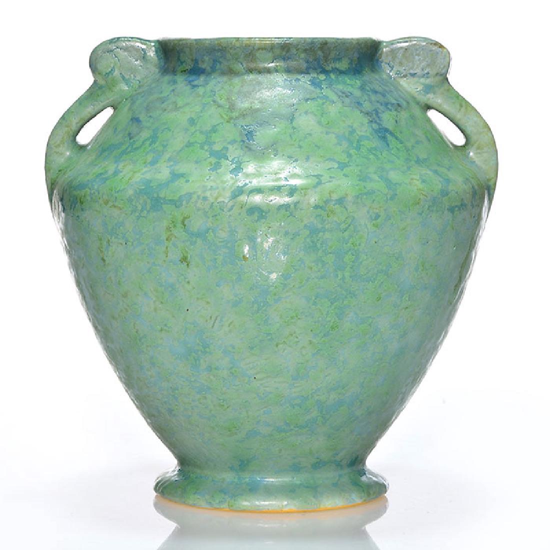 Roseville Carnelian II vase, 7 inches, shape 331,: Roseville Carnelian II vase mottled with moss green over turquoise and having a decorative gray collar. Height 7 inches. Shape 331 is marked in red crayon beneath. Beautiful glaze, excellent condition