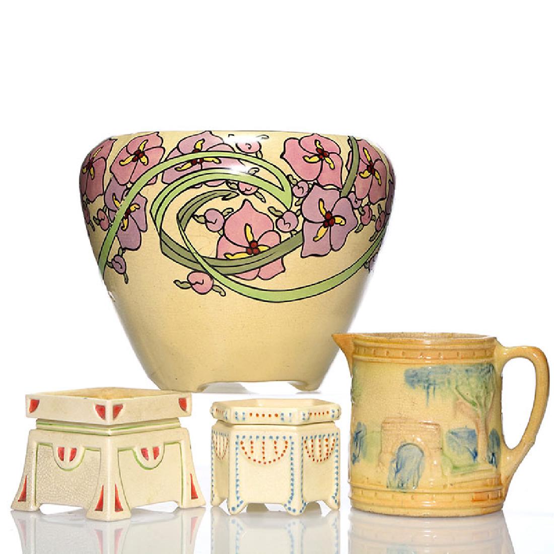 4 Roseville: 3 Creamware, 1 Utility Ware: Four Roseville Creamware and Utility Ware. 1) Creamware 8 1/2 inch jardiniere with lilac flowers, shape 462-8, 1 inch and 3 inch cracks at the rim, interior 8 inch horizontal dark glaze line, small ar