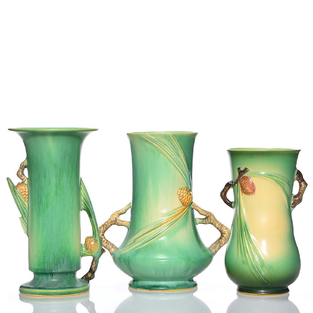 3 Roseville Pine Cone vases, green,480 746,842 8 1/2" (1 of 1)