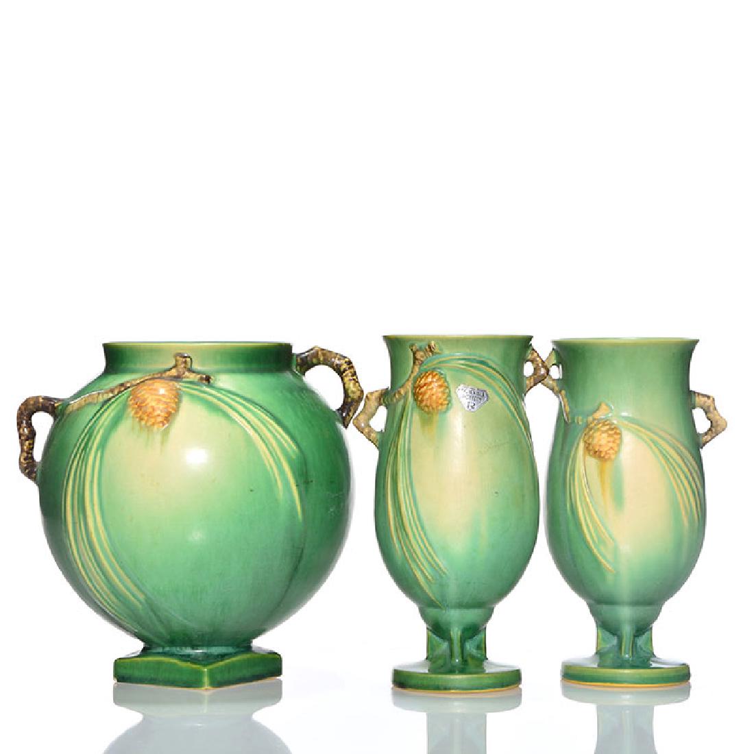 3 Roseville Pine Cone vases, green, 2 x 840-7, 745-7 (1 of 1)