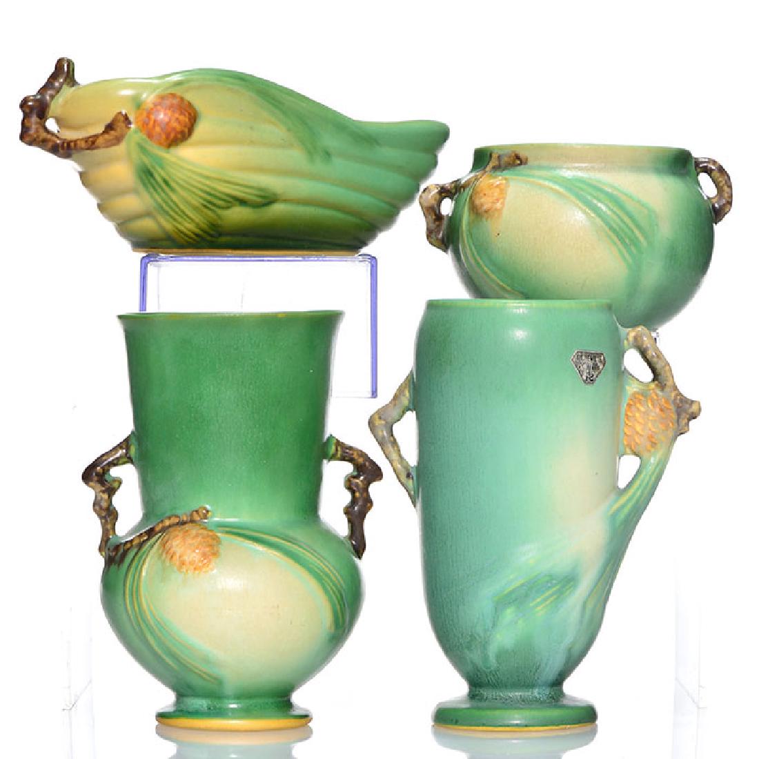 4 Roseville Pine Cone items, green, 2 vases, bowl, (1 of 1)