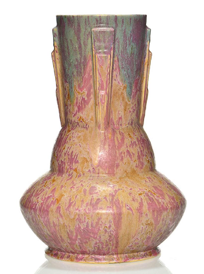 Roseville Carnelian II vase, shape 45315, green, rose,