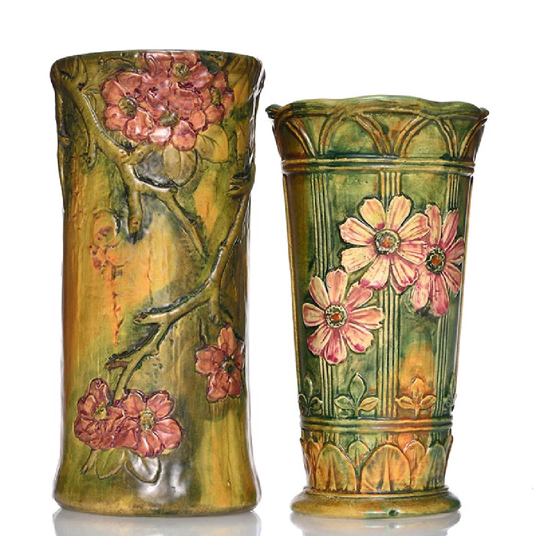 2 Weller Woodcraft vases, roses, 10 1/4 and 9 1/4 (1 of 2)