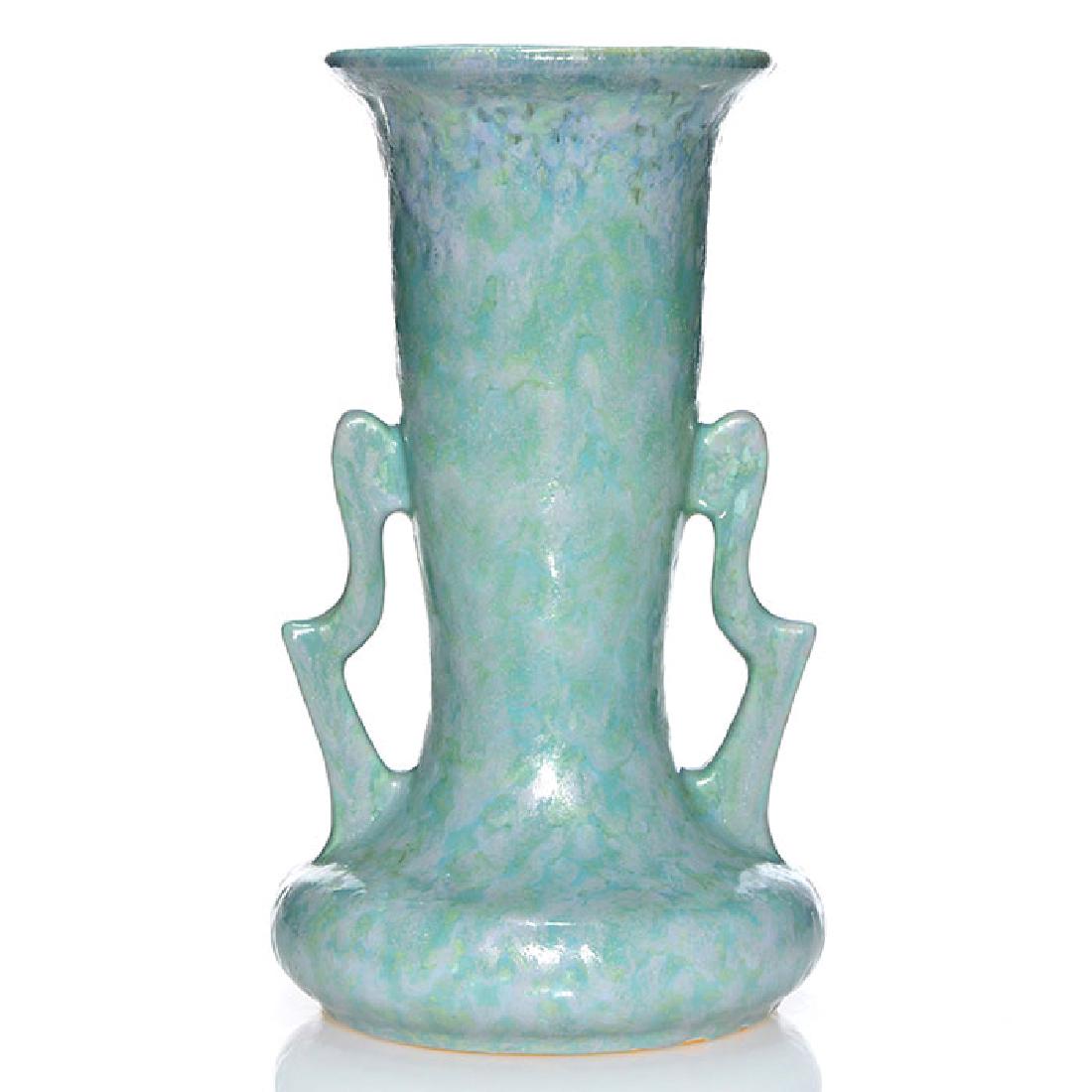 Roseville Carnelian II vase, shape 316-10, 10 1/8: Roseville Carnelian II vase, shape 316-10, covered in a mottled turquoise glaze. Marked on the bottom 316 in red crayon. Excellent original condition with a nice glaze. Height is 10 1/8 inches.