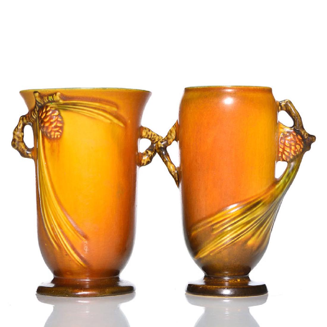 2 Roseville Pine Cone vases, brown,838-6,748-6, 6 1/4 (1 of 2)