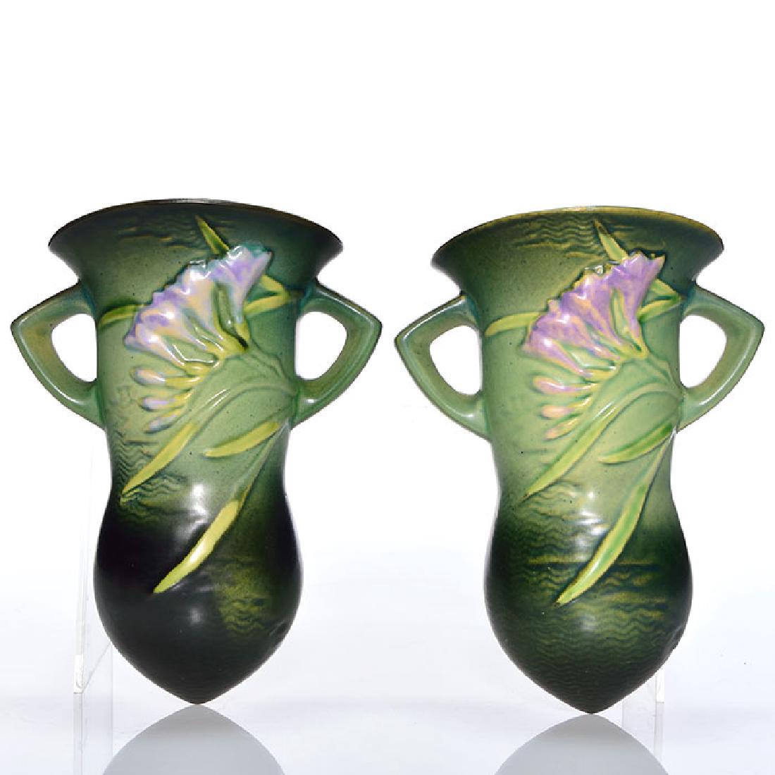 2 Roseville Freesia wall pockets in green,1296-8, 8 1/2 (1 of 1)