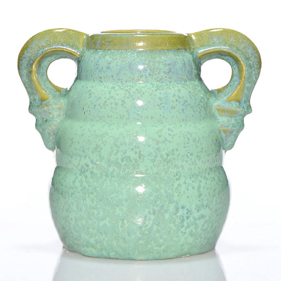 Late Fulper vase, 2 handled,speckled crystals, 6 1/4 (1 of 2)