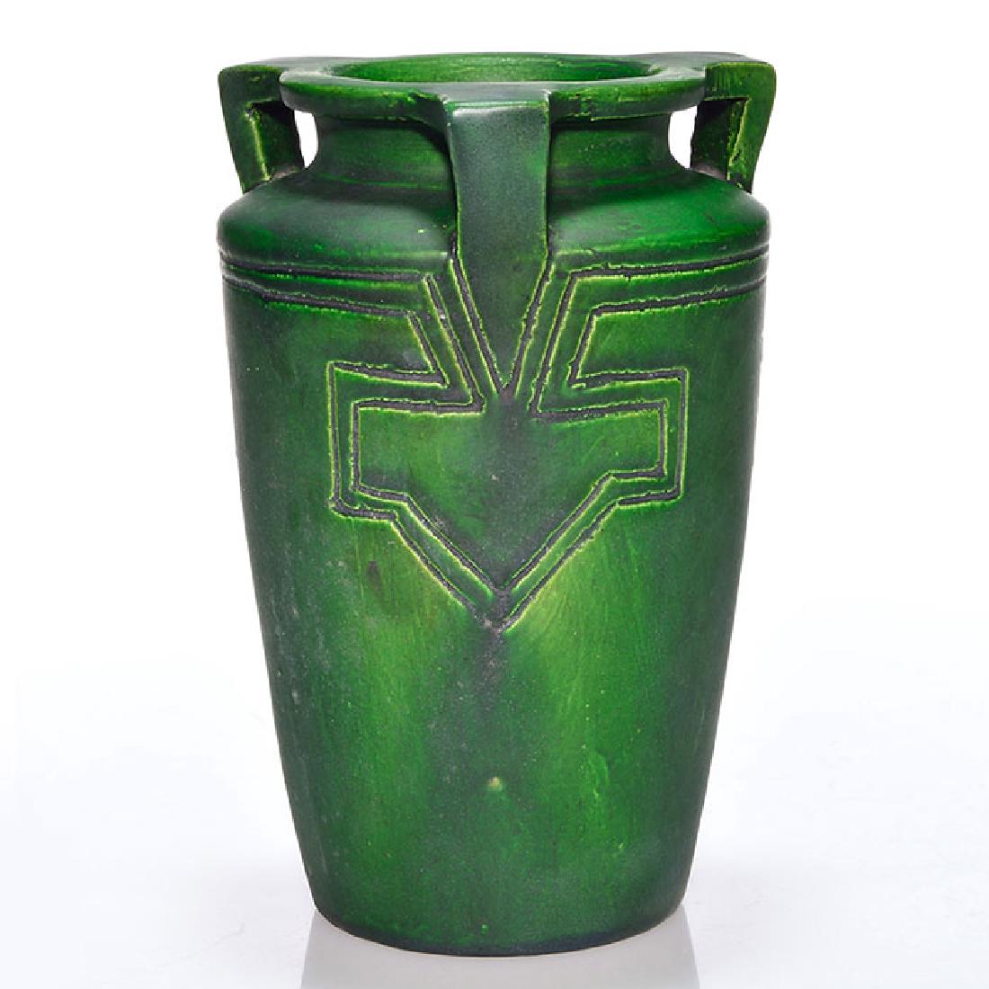 Green mat vase, geometric patterns, 3 handles, 8 3/8 (1 of 2)