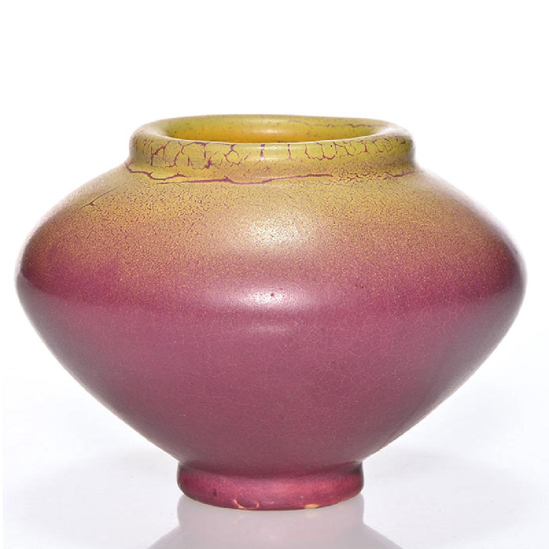 1905 Van Briggle vase, red and tan, 605, 3 1/4 inches (1 of 2)