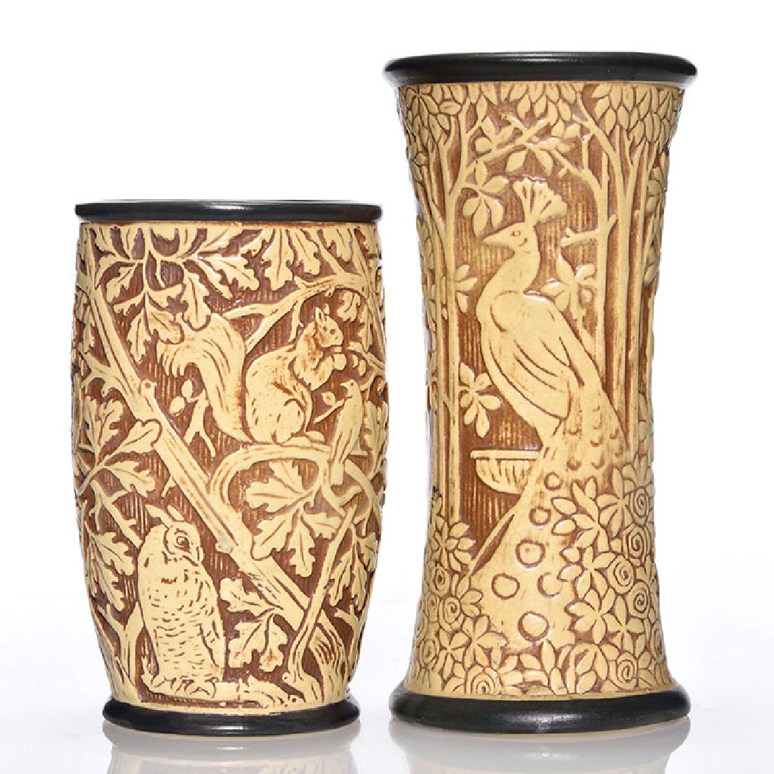 2 Weller Knifewood vases, 9 inches, 7 1/4 inches (1 of 2)