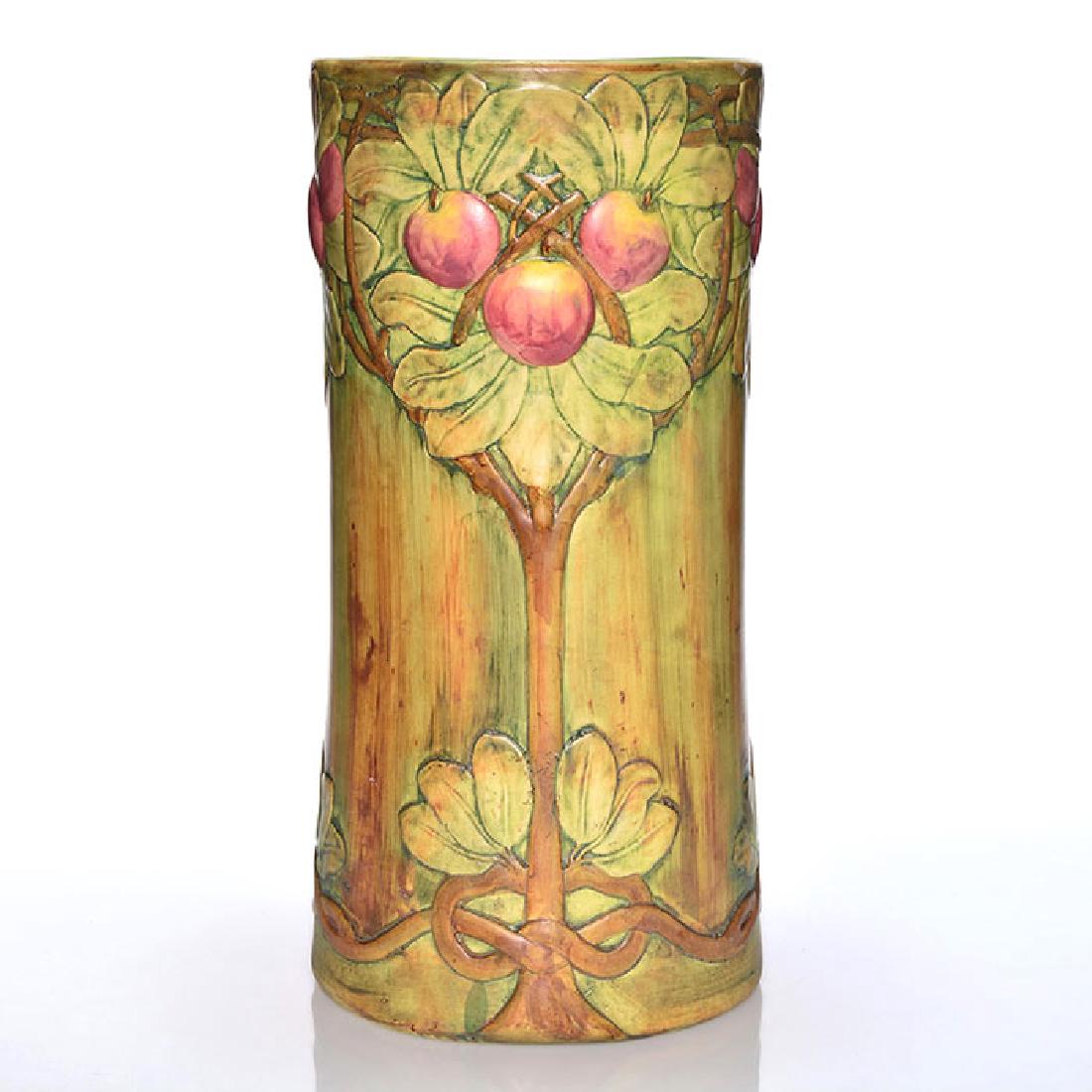 Weller Baldin unbrella stand, 22 inches: Weller Baldin umbrella stand. Unmarked. There is fine overall crazing and a couple of minor nicks to the high points of the design. Height is 22 inches.