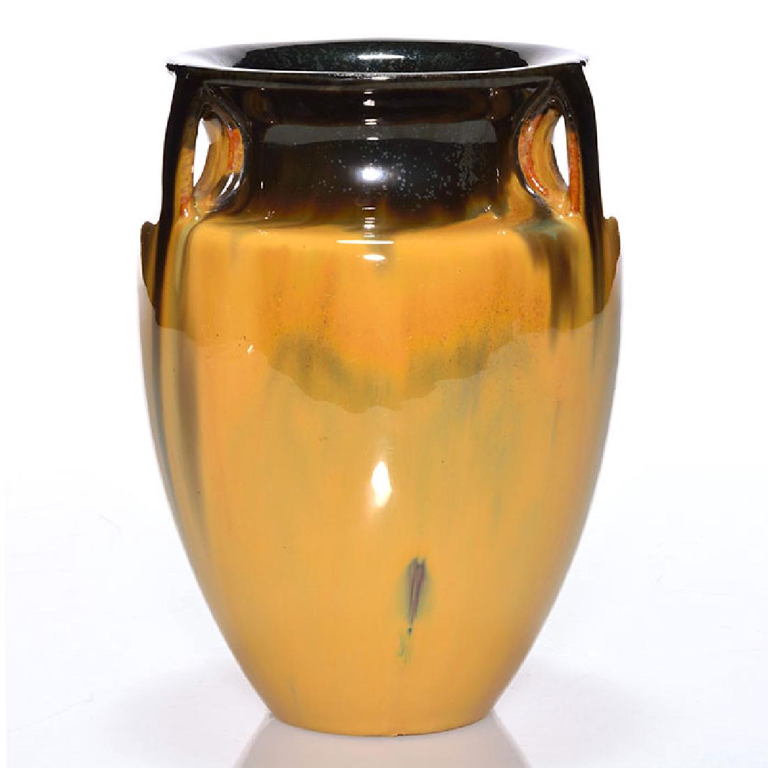 Fulper bullet vase, late Cats Eye flambe glaze, 6 5/8: Fulper bullet vase covered in a late version of the Cats Eye flambe' glaze. Marked with the Fulper vertical racetrack ink stamp. Excellent condition. Height is 6 5/8 inches.