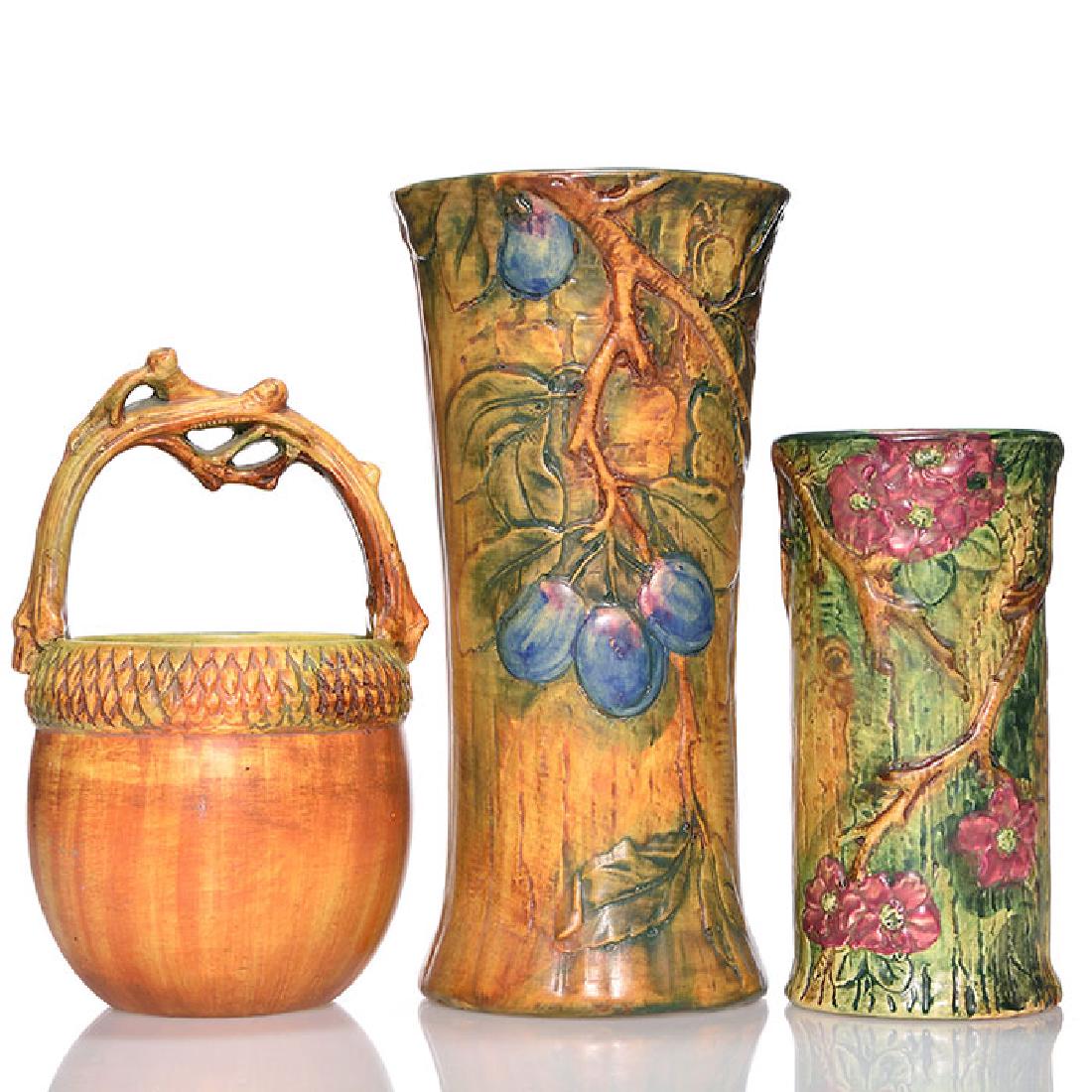3 Weller Woodcraft vases, roses and acorn basket, (1 of 1)