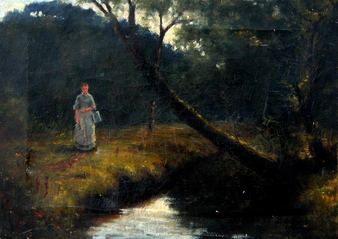 19th C. British School, Woman with Pail; Seascape: BRITISH SCHOOL: 19th CENTURY Woman with Pail by River (& another) Oil on canvas 10" x 14" (25.4 x 35.56 cm.) Unframed. Included in this lot: British School, 19th Century, Seascape, oil on canvas, 8" x