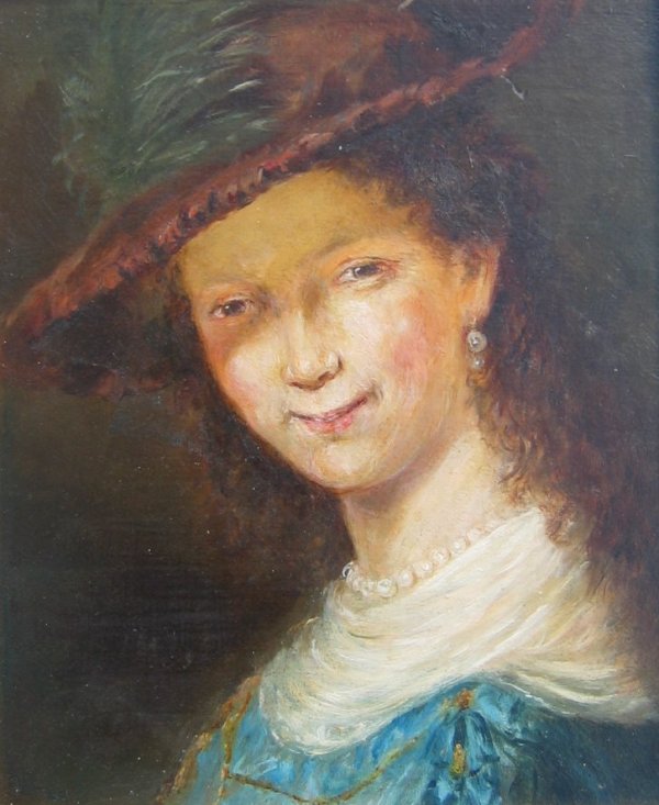 Lady with Feathered Hat: EUROPEAN SCHOOL: 19th CENTURY Lady with Feathered Hat Oil on board 12" x 10" (30.48 x 25.4cm.) Unsigned