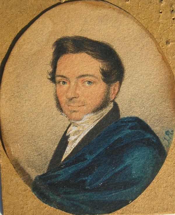 Portrait of Man in Blue Cloak: JOSEF RITTER (Attributed to) (Austrian 1800 - 1861 ) Portrait of Man in Blue Cloak Miniature watercolour 3" x 2.5" (7.62 x 6.35cm.) Signed with initials 'JR' lower right